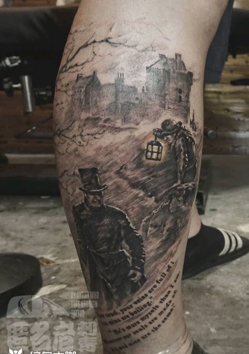 呼啸山庄纹身图片_腿部欧美习俗肖像写实人物原创成品纹身图案