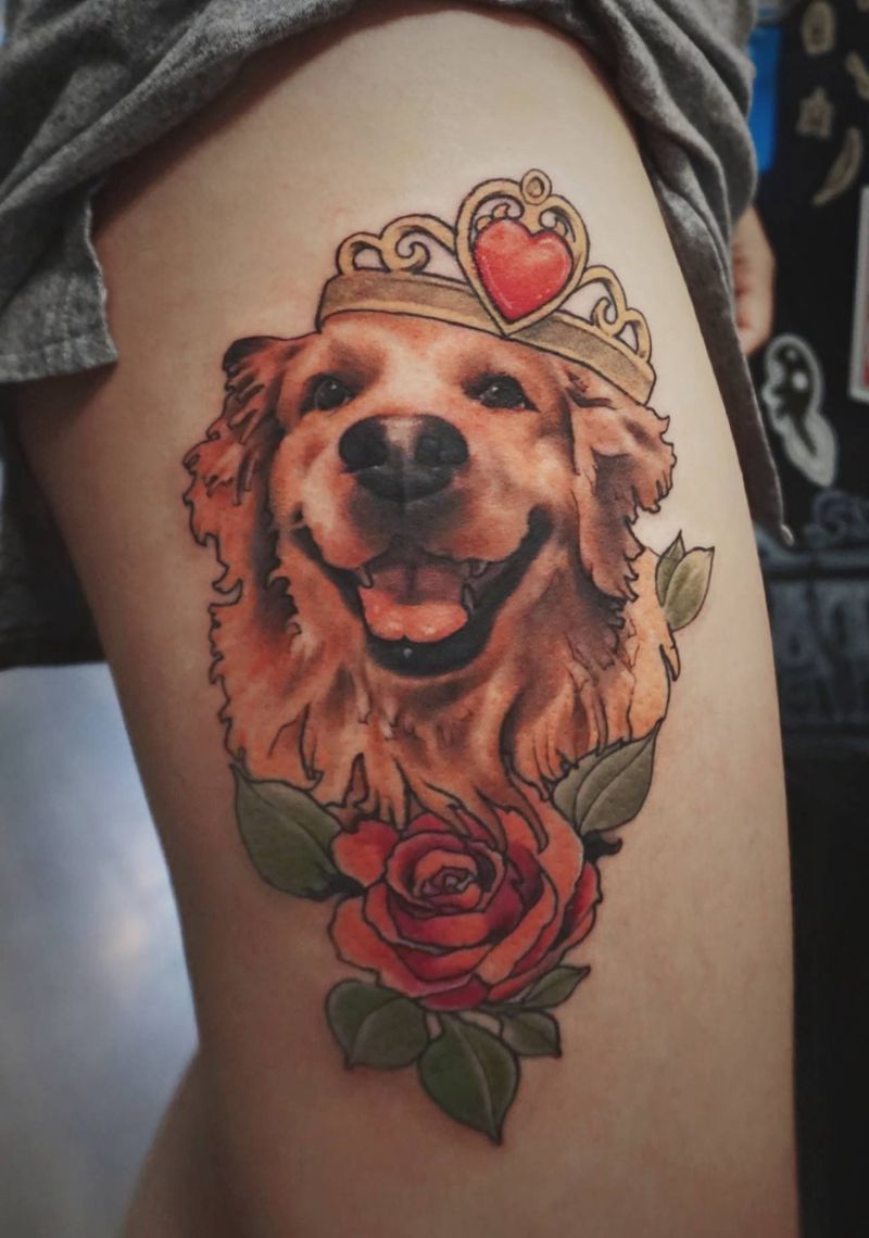 爱犬金毛毛纹身图片_腿部New School宠物金毛纹身图案