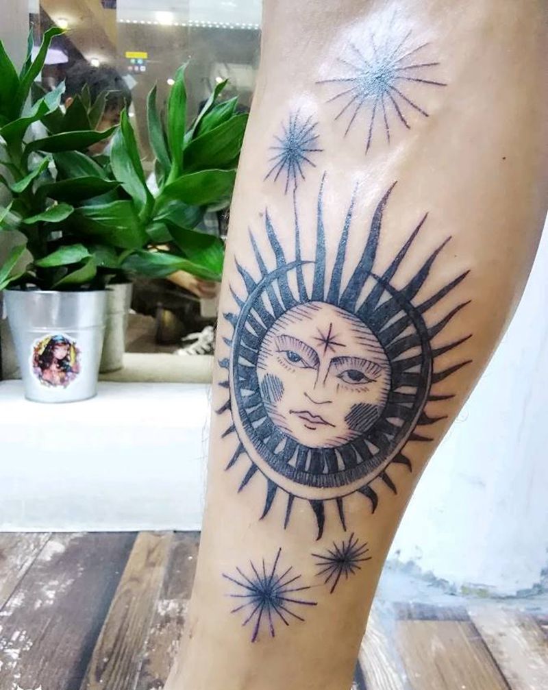 阳光普照纹身图片_腿部欧美几何字符成品纹身图案