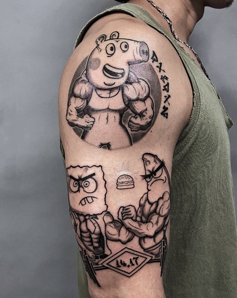 趣味纹身  未完成纹身图片_手臂小猪佩奇海绵宝宝派大星纹身图案