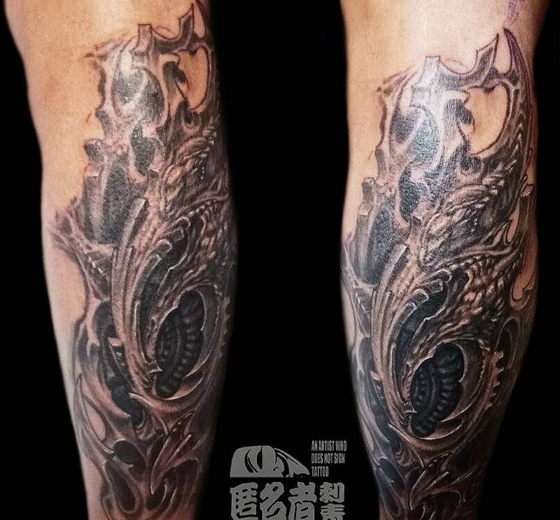 异形小腿   匿名者刺青作品纹身图片_腿部欧美写实动物人物鬼神原创广州成品纹身图案