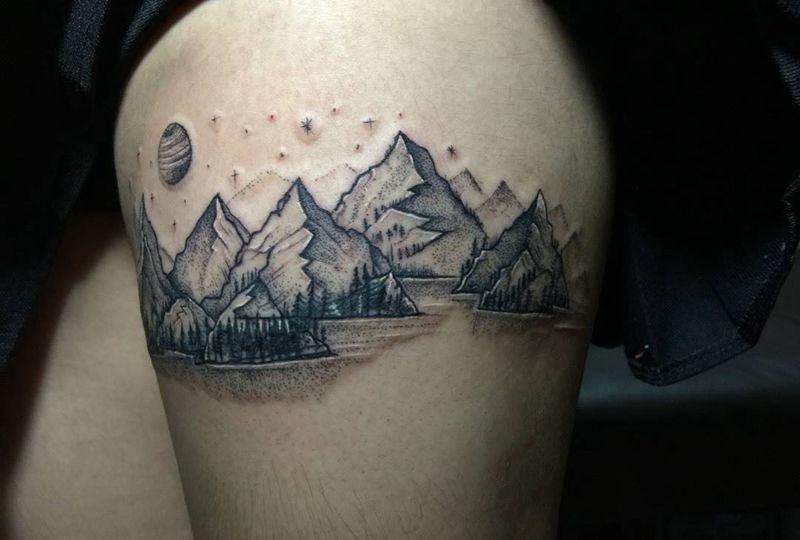 山水、遮盖旧纹身纹身图片_成品腿部清新原创纹身图案