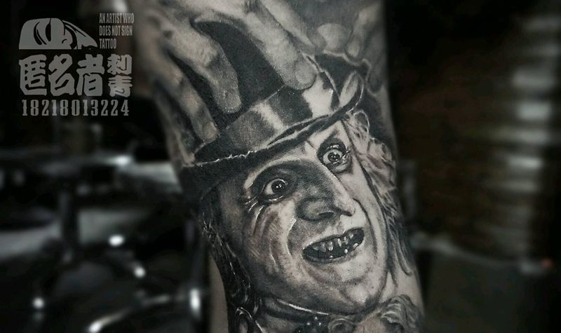 企鹅人纹身图片_肩部手臂腿部欧美肖像写实人物原创广州成品纹身图案