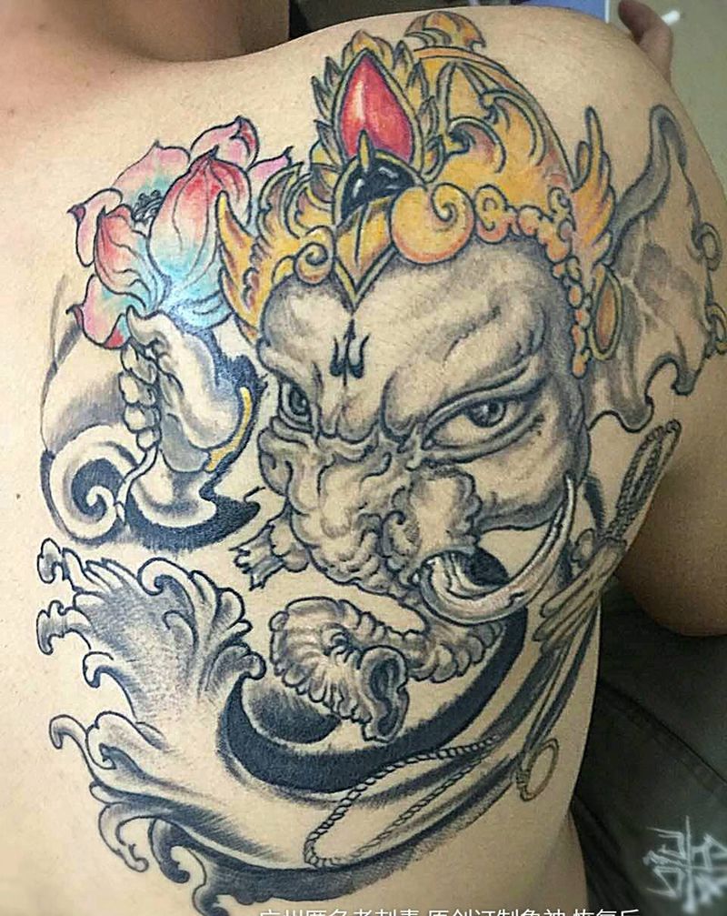 订制象神恢复后纹身图片_背部传统人物原创广州象神成品纹身图案