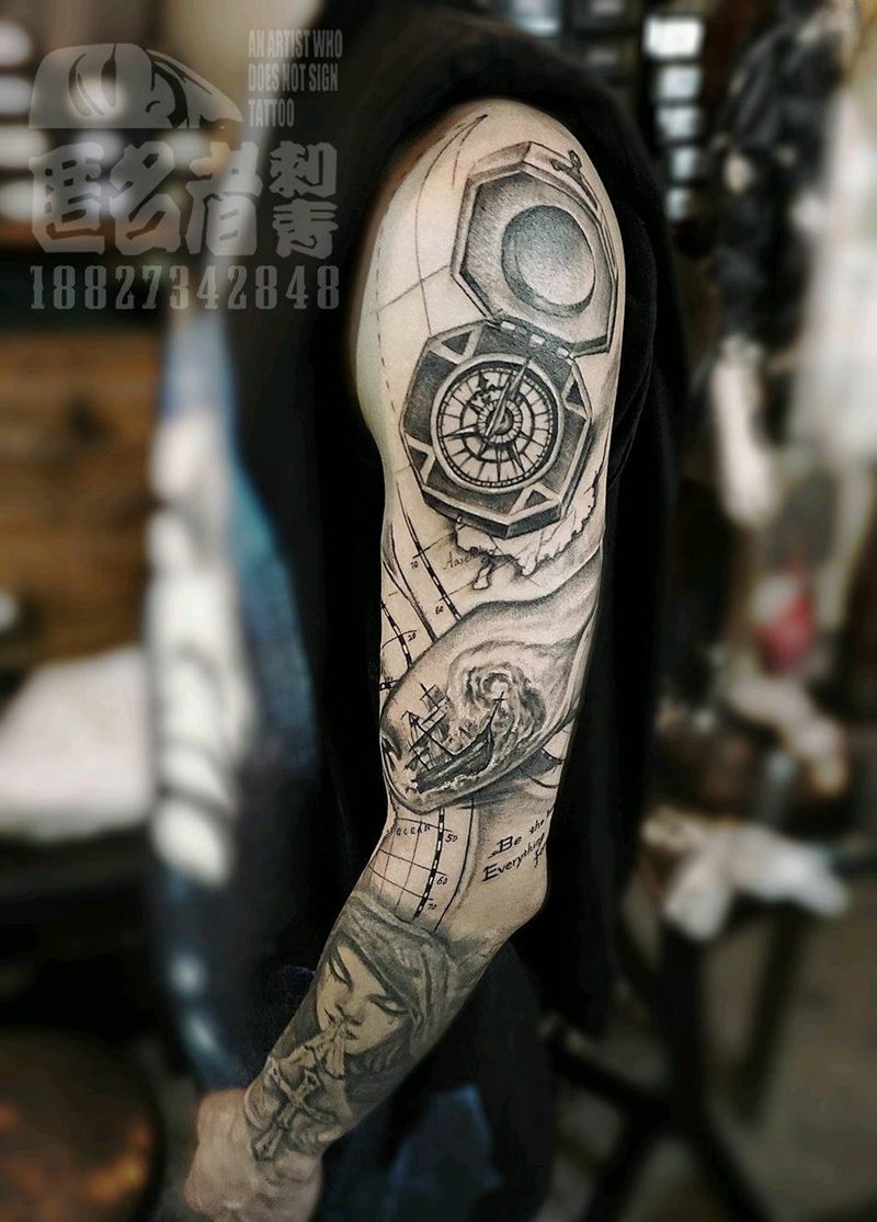 黑珍珠  指南针，现画现扎，无纹身图片_手臂欧美写实静物原创航海成品纹身图案