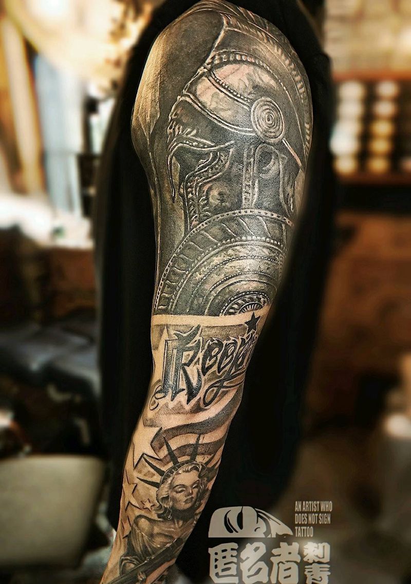 美风   包臂，大臂覆盖纹身图片_手臂肩部欧美写实战士自由女神欧美包臂纹身图案