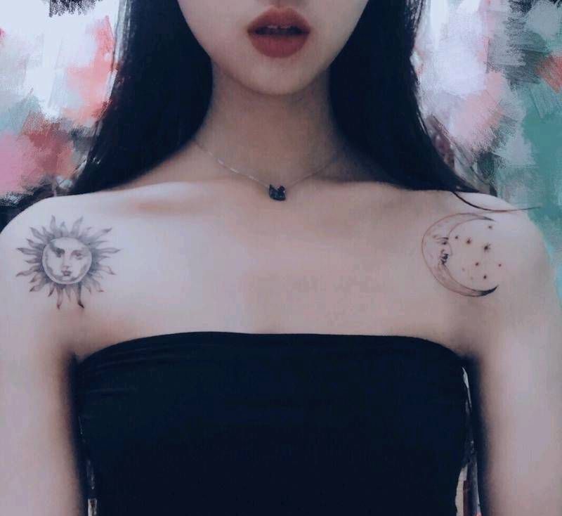 小姐姐长的可好看，可好看的了。纹身图片_肩部欧美几何图腾成品纹身图案