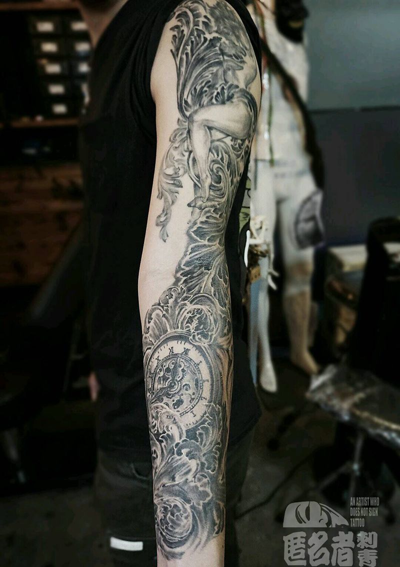 巴洛克写实雕花包臂纹身图片_手臂欧美写实人物静物图腾宗教原创广州成品纹身图案