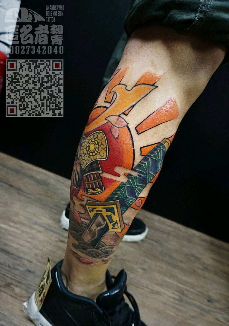 达摩武士纹身图片_新传统达摩蛋日式武士刀纹身图案