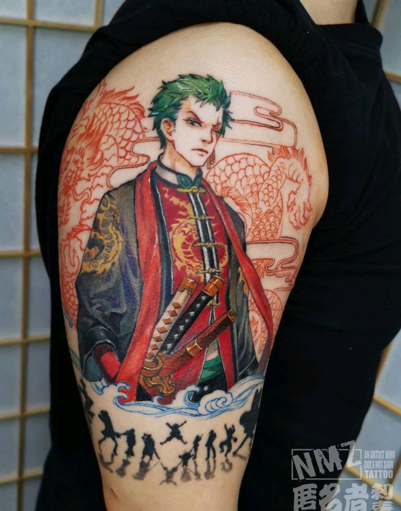 恭喜发财版索隆纹身图片_肩部手臂欧美写实索隆海贼王动漫纹身图案