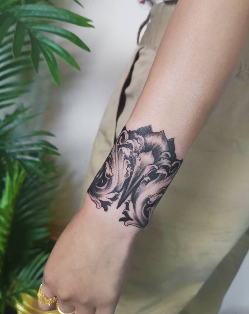 巴洛克雕花手环纹身图片_手臂手部点刺几何雕花暗黑纹身图案