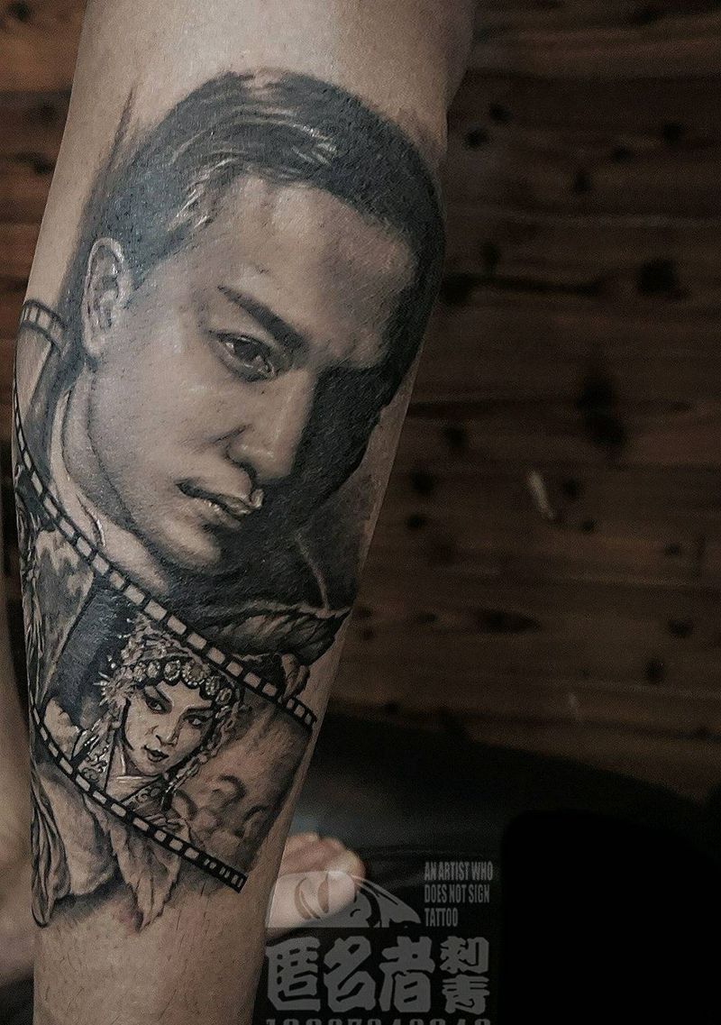 国荣  哥哥纹身图片_腿部肖像写实人物原创张国荣成品纹身图案