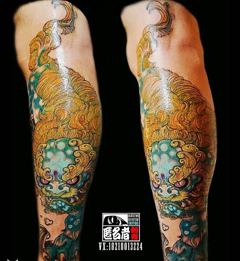 唐狮纹身图片_腿部传统动物原创广州成品纹身图案