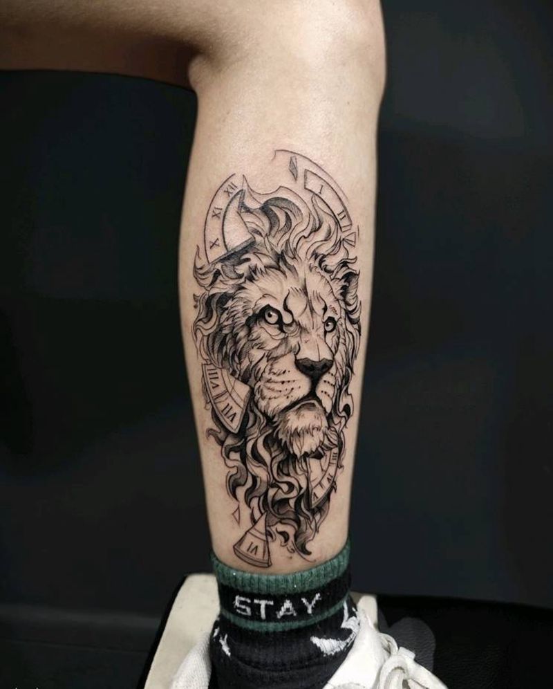 狮子纹身图片_腿部纹身图案