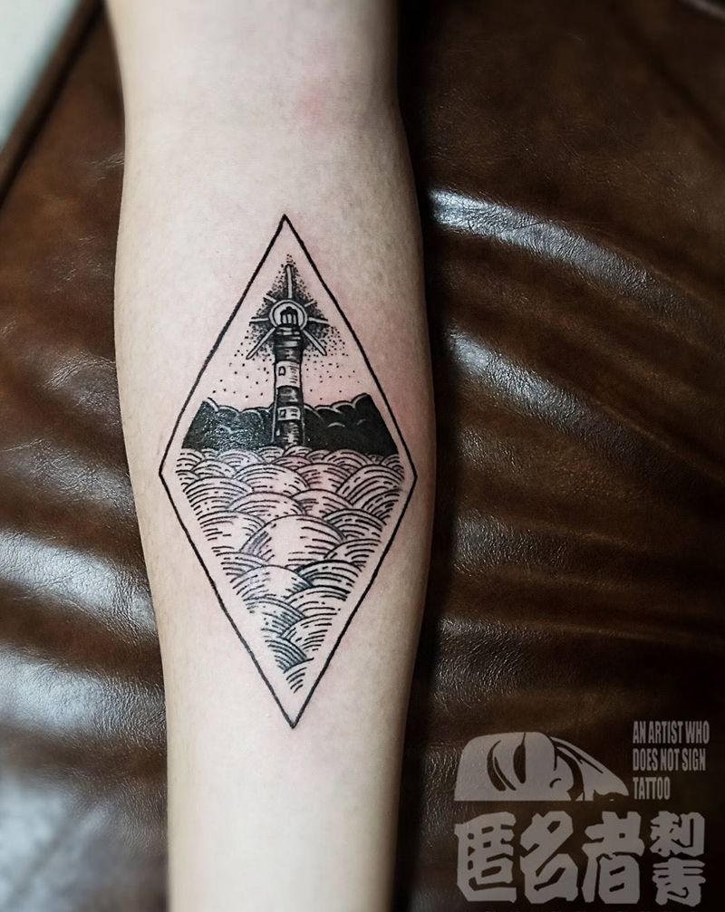 几何风格灯塔纹身图片