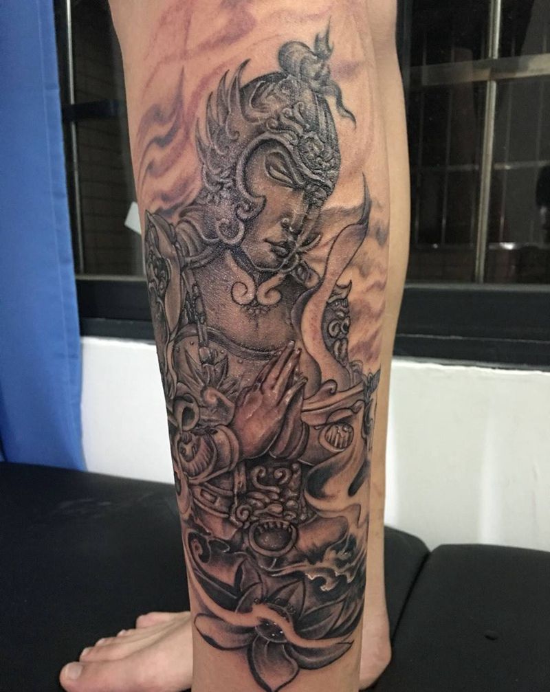 韦驼纹身图片_传统腿部成品人物纹身图案
