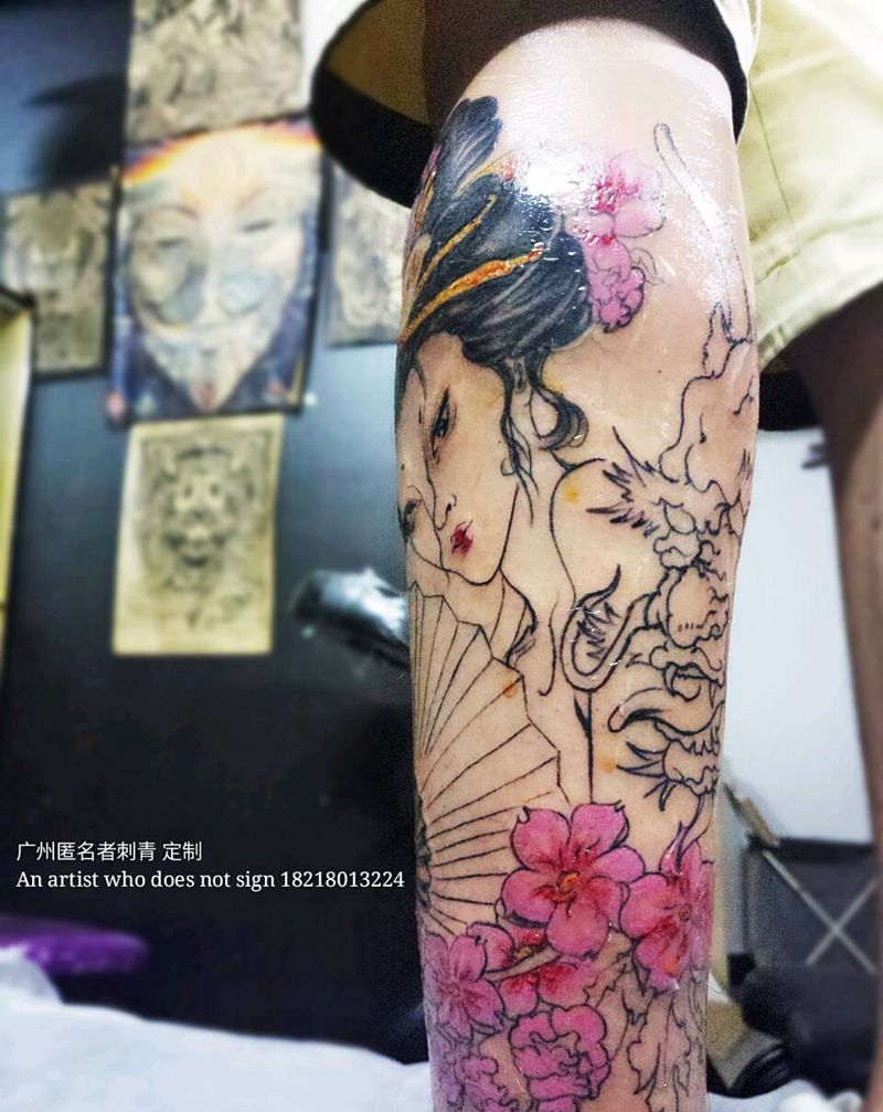 定制 艺妓纹身图片_腿部传统人物原创广州成品手稿纹身图案
