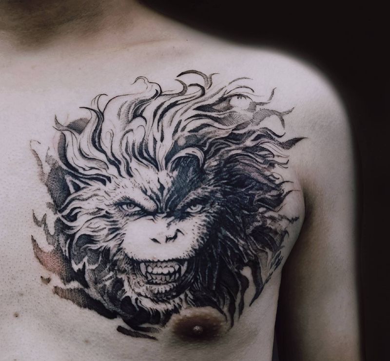 霸气侧漏的悟空纹身图片_胸部点刺暗黑悟空遮盖纹身图案