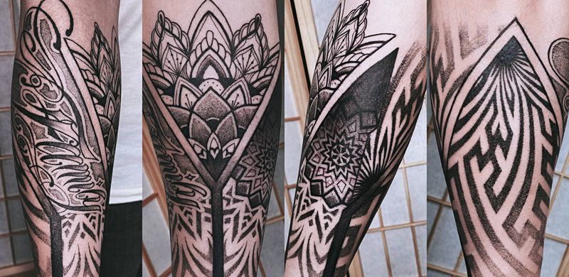 几何点刺花体字混搭设计纹身图片_手臂几何点刺曼陀罗花体字点刺纹身图案