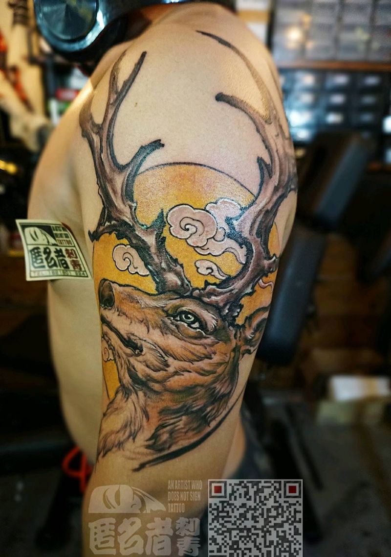 鹿   禄纹身图片_手臂肩部新传统鹿纹身图案