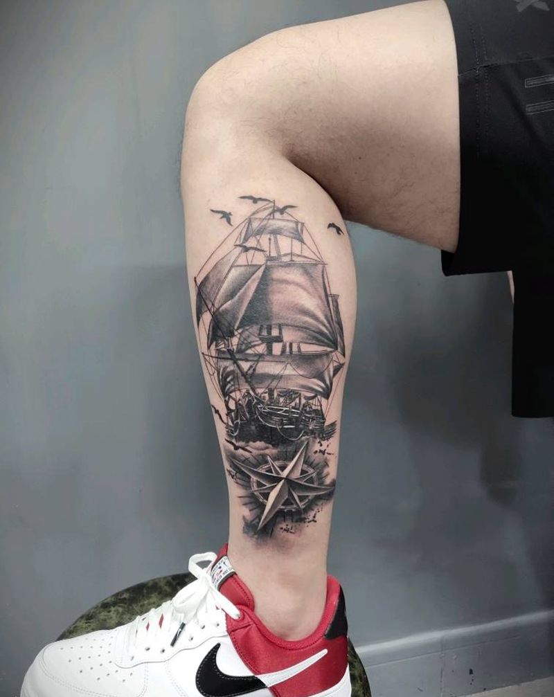 帆船纹身图片_腿部纹身图案