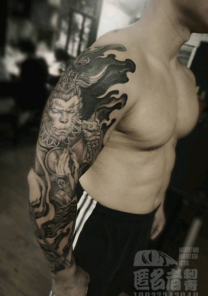 斗战胜佛纹身图片_手臂新传统孙悟空花臂齐天大圣纹身图案