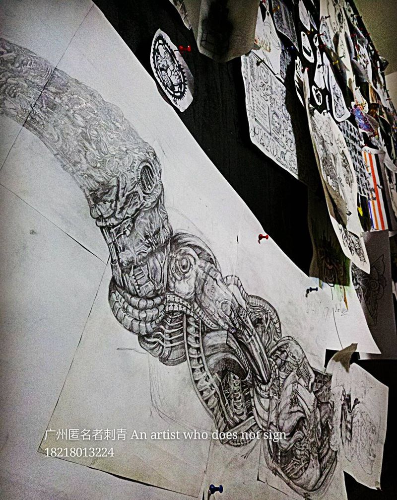 机械风格手稿纹身图片_写实原创广州艺术灰黑手稿插画纹身图案