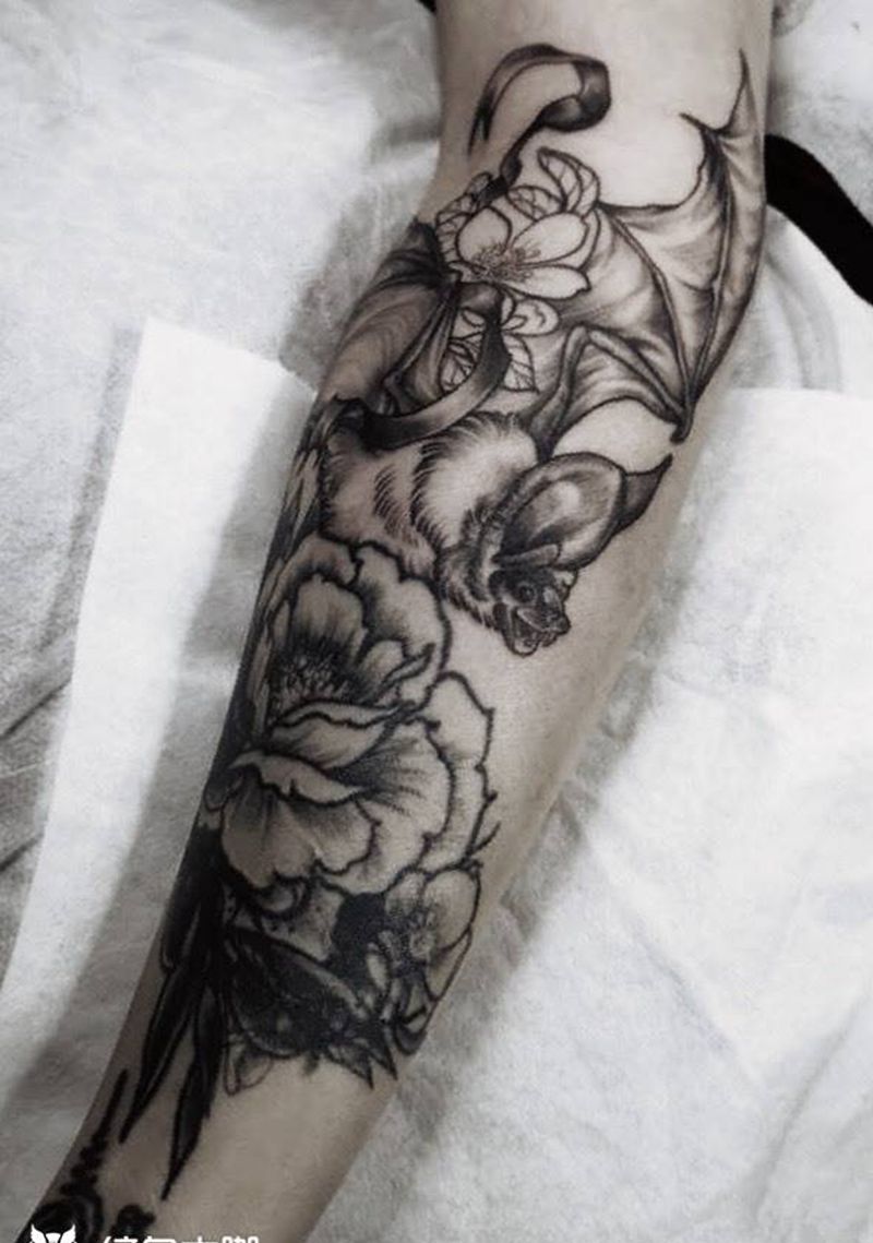 福到富贵来纹身图片_手臂New School插画牡丹蝙蝠纹身图案