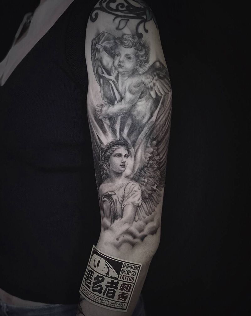 天使和丘比特纹身图片_手臂欧美写实天使丘比特圣母纹身图案