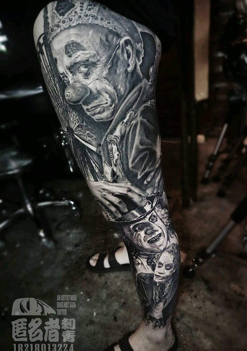 小丑包腿纹身图片_肩部手臂腿部肖像写实人物鬼神原创广州成品纹身图案