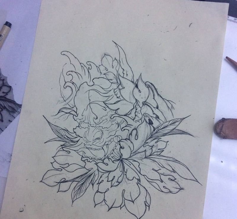 牡丹包般若纹身图片_鬼神手稿传统纹身图案