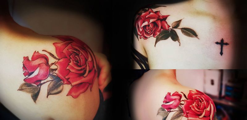 娇艳玫瑰花纹身图片_肩部New School玫瑰花New school纹身图案
