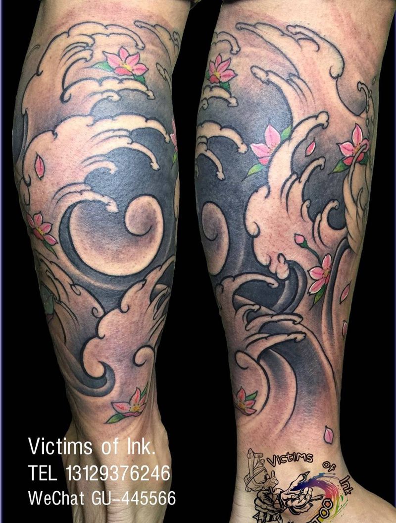浪纹身图片_成品腿部传统原创纹身图案