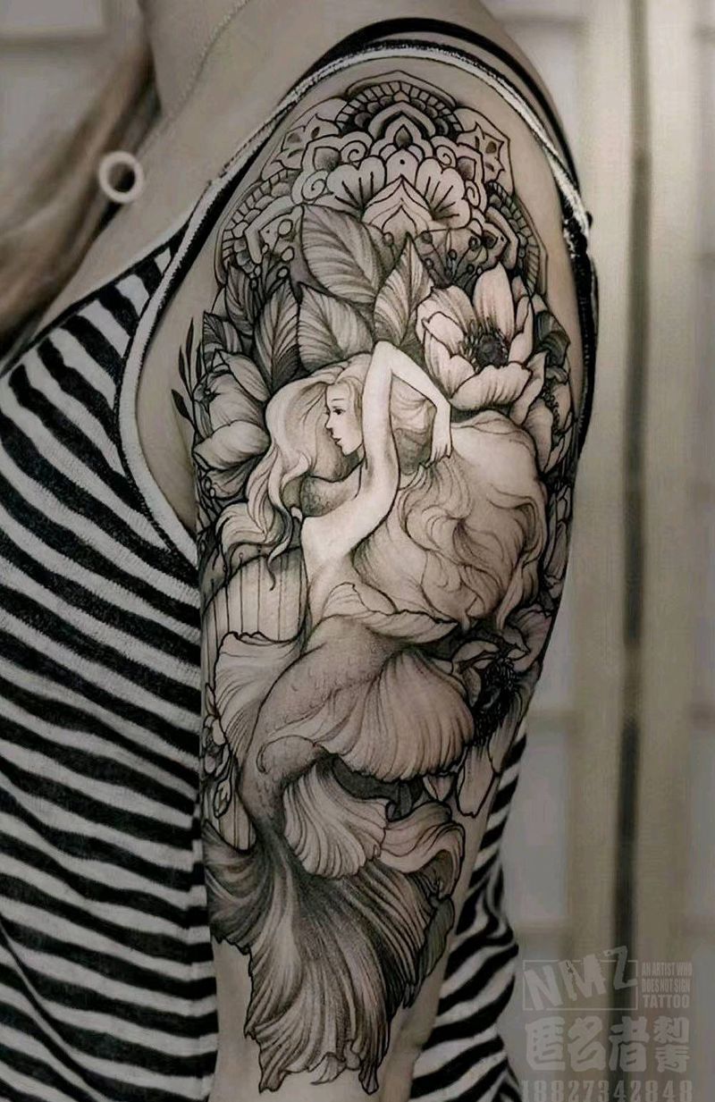 人鱼纹身图片_手臂欧美写实美人鱼花臂素花纹身图案