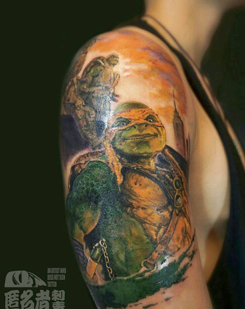 忍者神龟  彩色写实纹身图片_手臂欧美肖像写实动物人物原创广州成品纹身图案