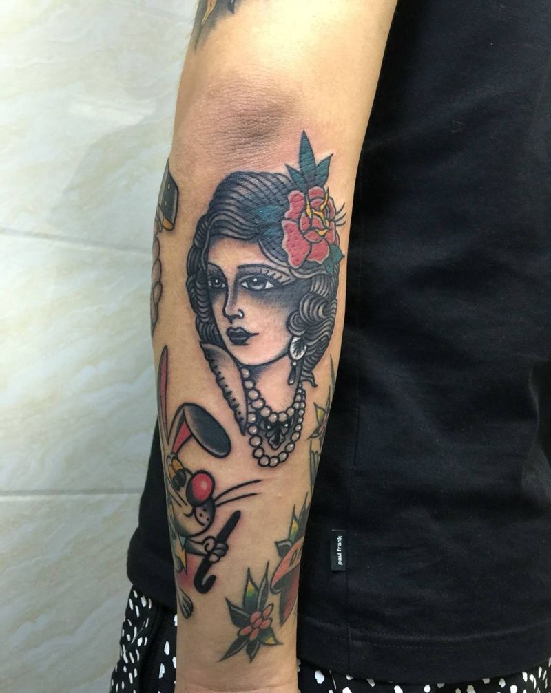 oldschool美女纹身图片_成品手臂欧美人物纹身图案