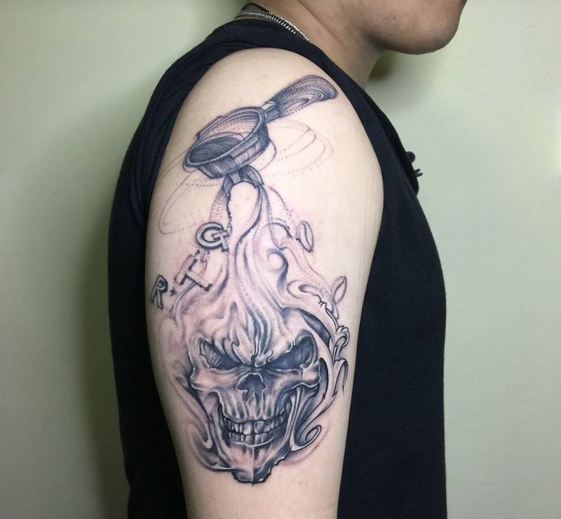 骷髅纹身图片_原创鬼神手臂纹身图案