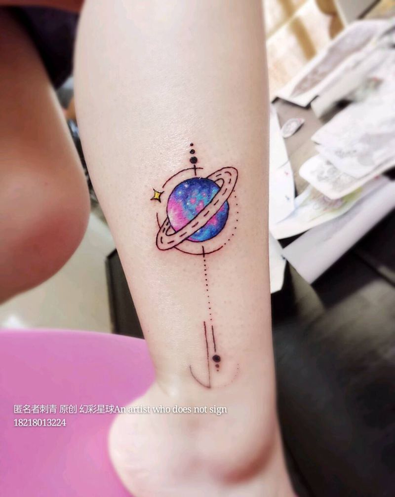 幻彩星球纹身图片_腿部欧美清新几何原创广州成品纹身图案
