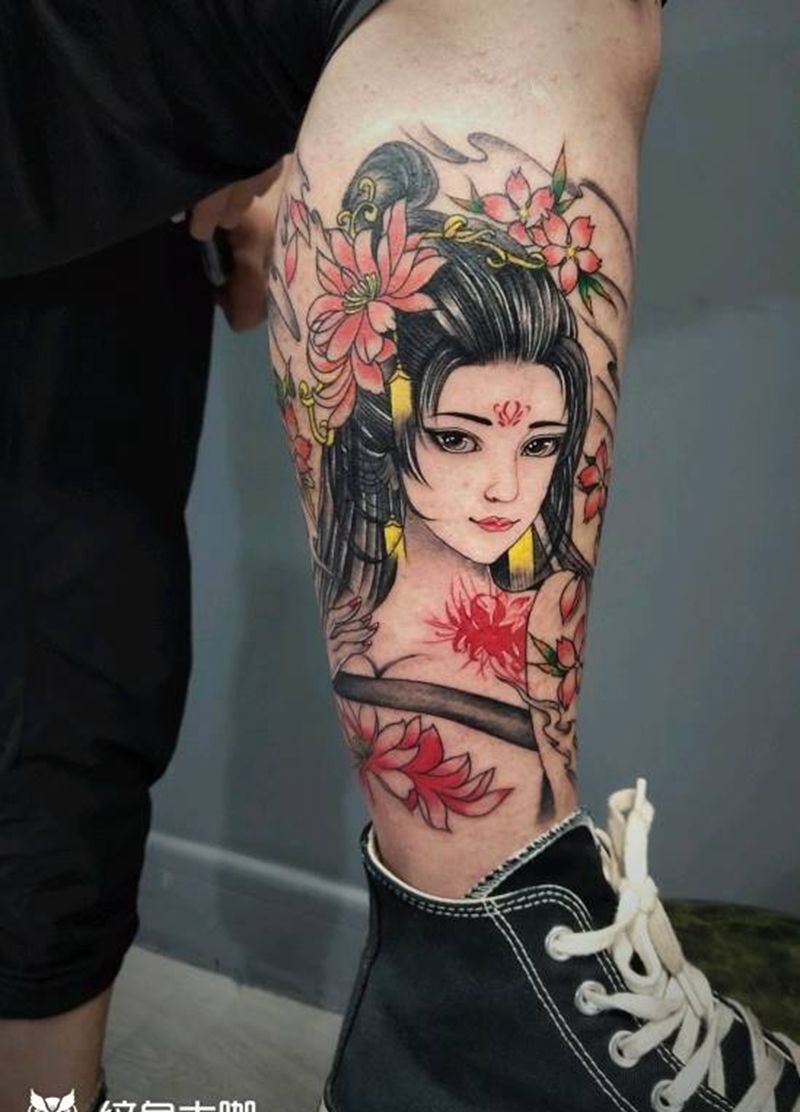 小腿艺伎纹身图片_老传统纹身图案