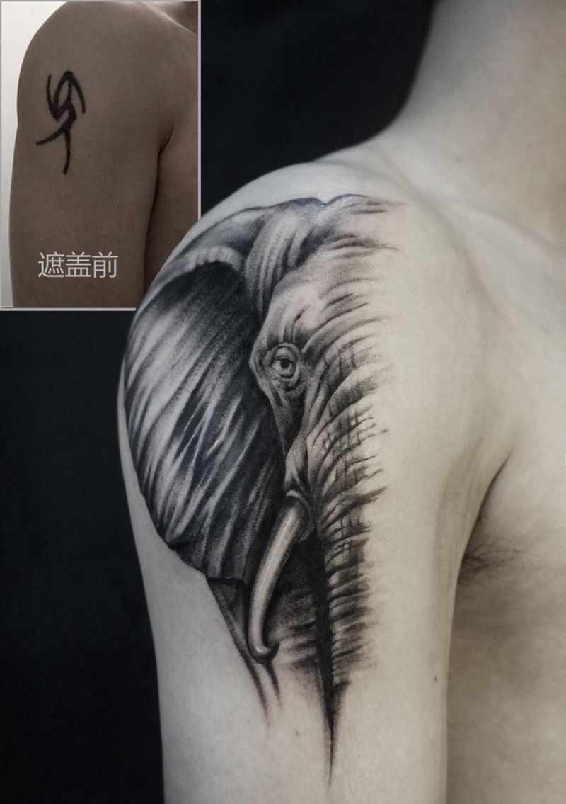 大象遮盖纹身图片_手臂欧美写实纹身图案