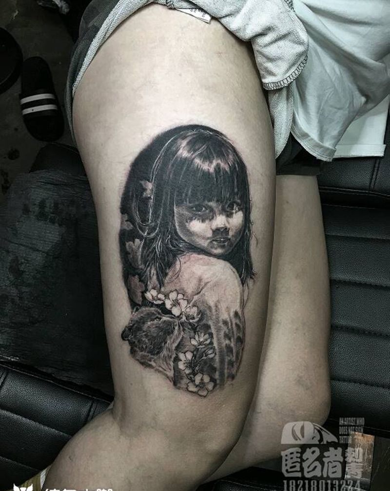 肖像纹身图片_腿部肖像写实人物原创广州成品纹身图案