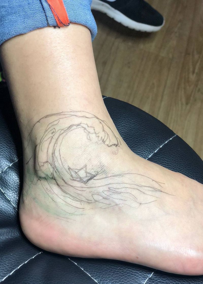 浪纹身图片_成品腿部清新原创纹身图案