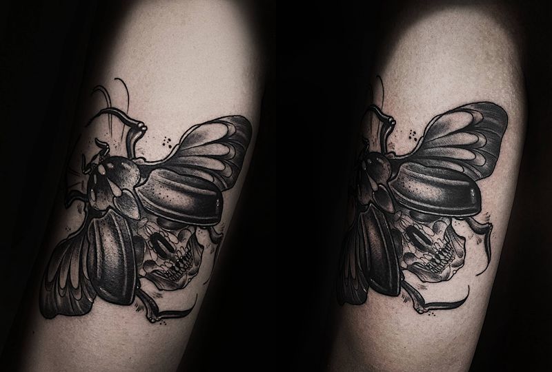 大暗黑甲虫纹身图片_手臂点刺几何暗黑点刺甲虫纹身图案