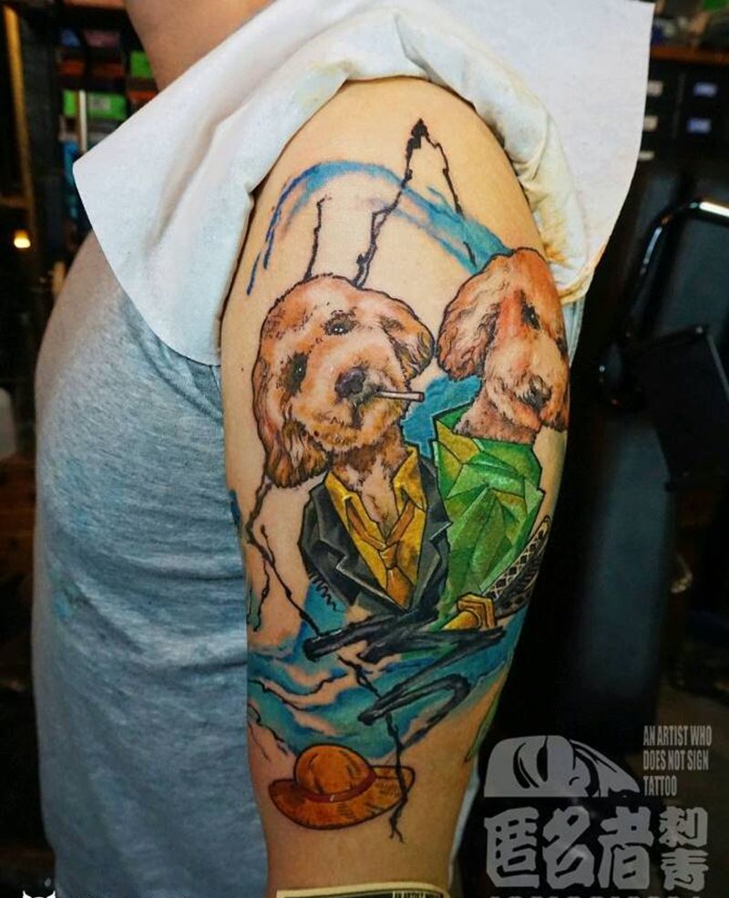 海贼狗狗纹身图片_肩部手臂写实几何动物原创广州成品纹身图案