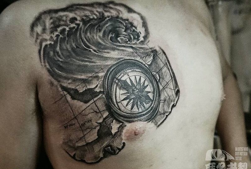 航海包胸纹身图片_胸部写实静物原创广州成品纹身图案