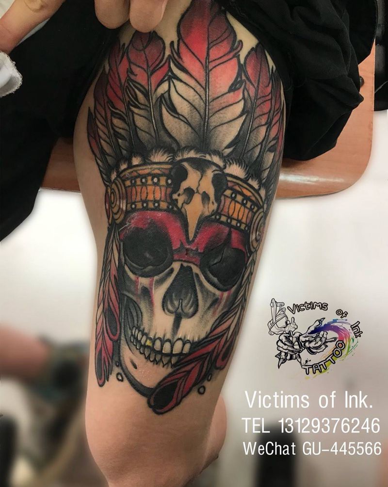 印第安骷髅纹身图片_成品腿部欧美传统人物原创纹身图案