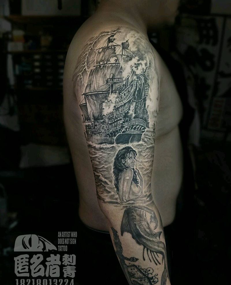 加勒比海美人鱼包臂纹身图片_肩部手臂欧美肖像写实人物鬼神原创广州成品纹身图案