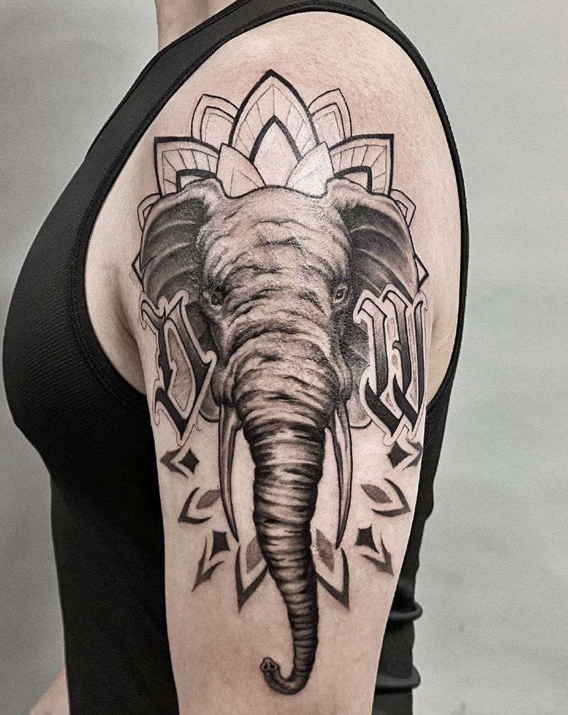 曼陀罗  大象纹身图片_手臂大象纹身图案