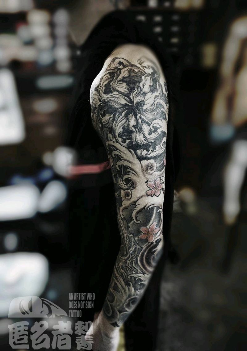 传统   花浪纹身图片_手臂传统国画植物成品纹身图案