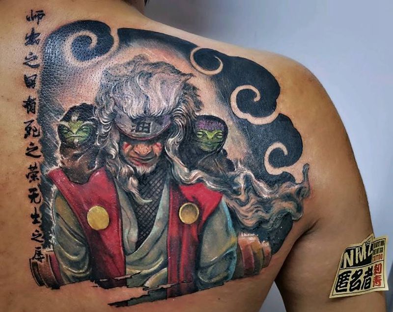 自来也纹身图片_肩部背部欧美写实New School自来也火影满背纹身图案